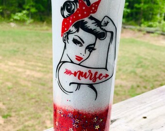 Nurse Strong Skinny Tumbler - Red Tumbler - 20oz 30oz Tumbler - Stainless Steel - Glitter Red Tumbler - Nurse Gift - Rosie Tattoo Nurse