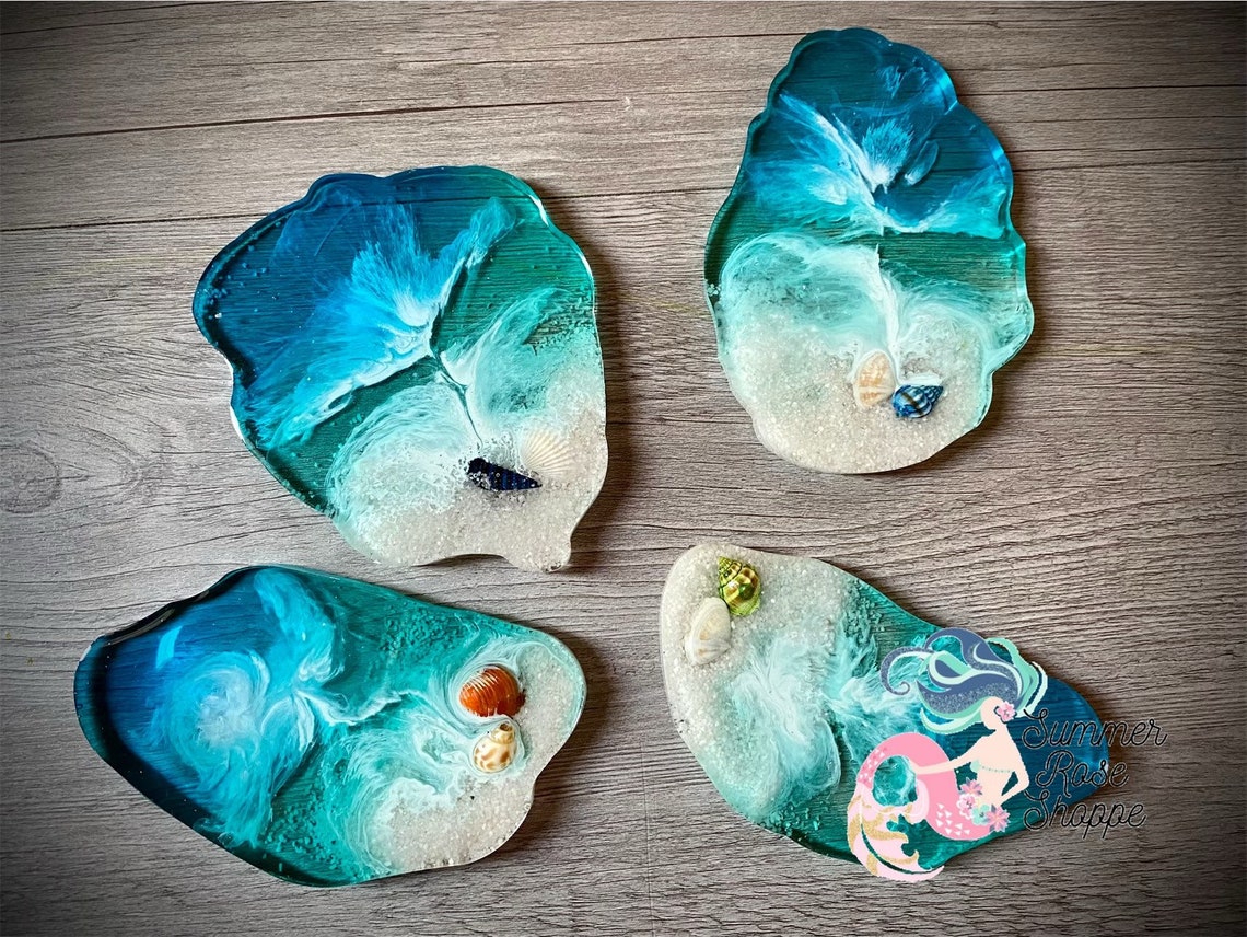 Beach Ocean Themed Resin Coasters Wine Glass Sand and Sea Etsy