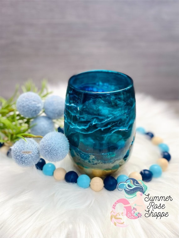 Glass Beach Ocean Themed Large Stemless Wine Glass Blue Teal and Gold  Custom Wine Glass Mom Gift Hand Painted Housewarming 