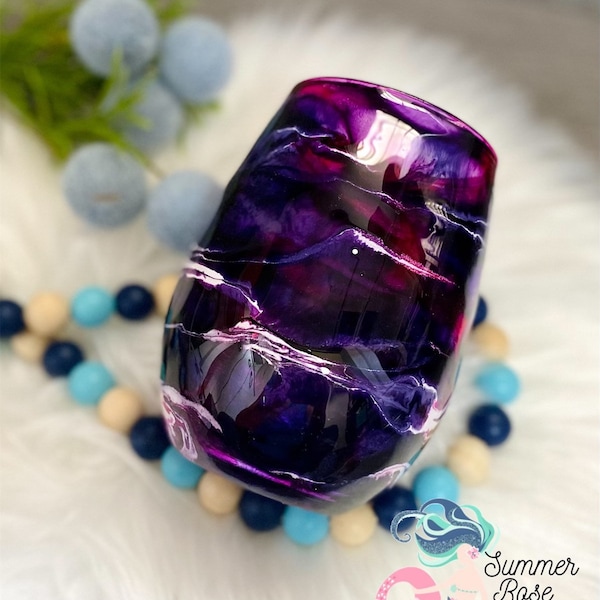 Purple Swirls Midnight Stemless Wine Glass - Purple and Pink Wine Glass - Purple and White Swirls - Mom Gift - Hand painted - Housewarming