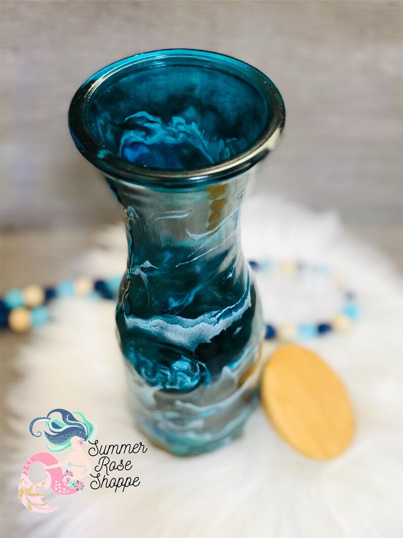 Glass Beach Ocean Themed Wine Carafe With Lid Blue Teal and Etsy
