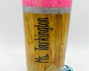 Pencil Personalized Woodgrain Glitter Tumbler - Personalized Tumbler - Hand painted - Stainless Steel - Teacher Gift - Graduation Gift