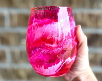 Pink Swirls Gumball Stemless Wine Glass - Pink Wine Glass - Pink and White Swirls - Mom Gift - Breast Cancer - Housewarming - Think Pink