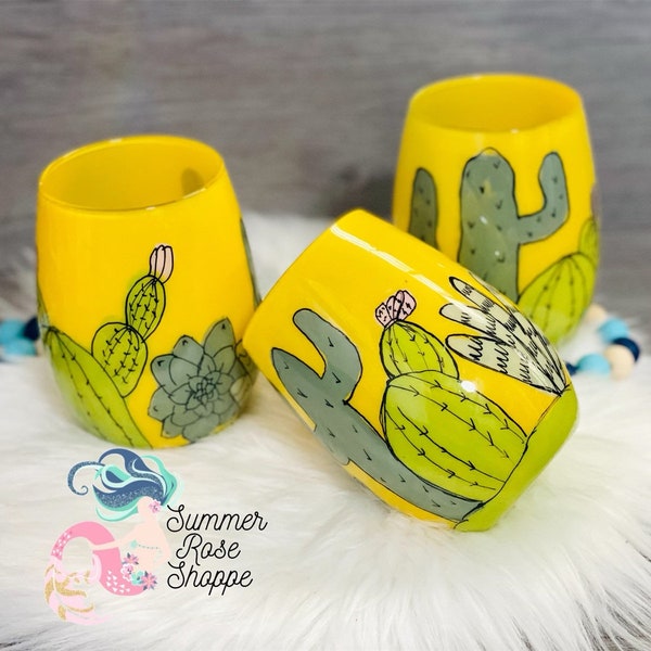 Glass Desert Cactus Themed Stemless Wine Glass - Yellow and Green - Mom Gift - Hand painted - Housewarming - Hostess - Texas