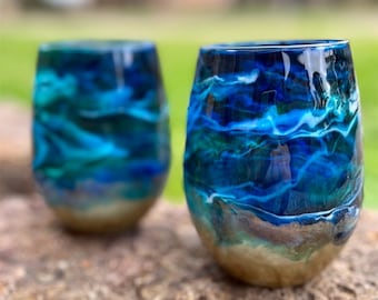 Glass Beach Ocean Themed Large Stemless Wine Glass - Blue Teal and Gold - Custom Wine Glass - Mom Gift - Hand painted - Housewarming