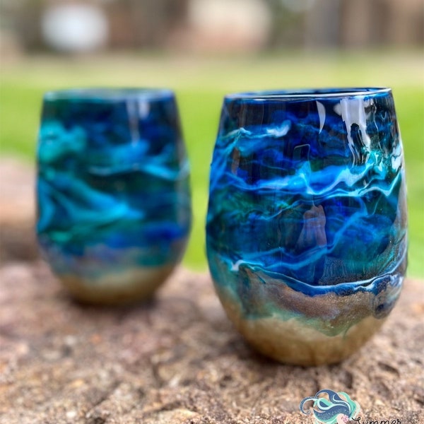 Glass Beach Ocean Themed Large Stemless Wine Glass - Blue Teal and Gold - Custom Wine Glass - Mom Gift - Hand painted - Housewarming