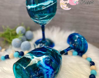 Stormy Seas Glass Beach Ocean Themed Stemmed Wine Glass - Clear Stem - Gift - Housewarming Gift - Mothers Day - Beach Wedding - Hostess
