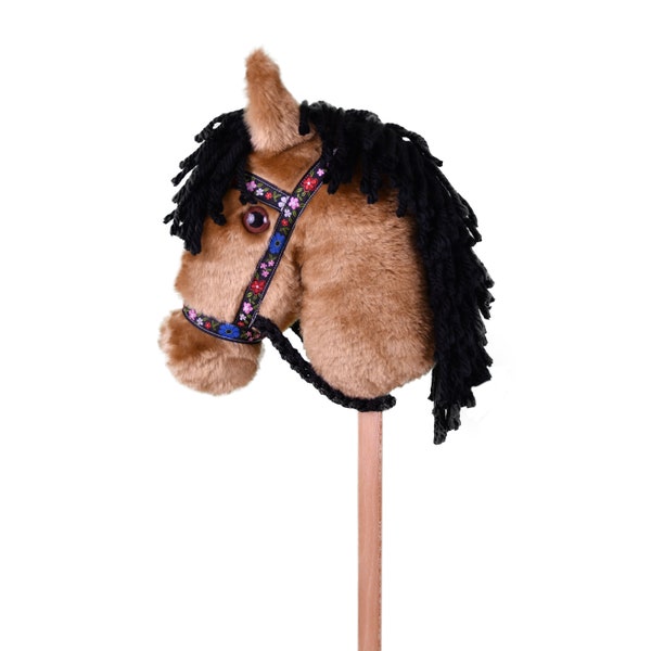 Buckskin Stick Horse with Black Floral Halter -Stick Pony- Hobby Horse