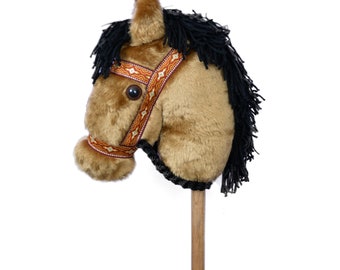 Buckskin Stick Horse with Gold Halter – Handmade Hobby Horse