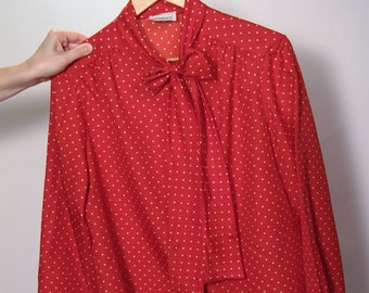 1970 - 1980's Vintage Woman's Polyester Red & White Polka Dot Dress Shirt Secretary Blouse, Lainee, Tie front high neck cuffed sleeves USA