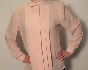 1970 - 1980's Vintage Woman's Polyester Peach, Light Pink Dress Shirt Secretary Blouse, Laura Mae, Pleated front high neck cuffed sleeves