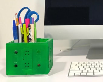 Handmade Pen and Pencil Holder | Large Desk Organizer | 80s Fluorescent Neon Green Cassette Tape | Office Coworker Gift | Pencil and Pen Cup