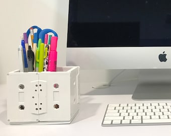 Handmade Pen and Pencil Holder | Large Desk Organizer | 80's Glossy White Cassette Tape | Office Coworker Gift | Pencil and Pen Cup