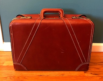 1960's MCM Brown Leather Vintage Suitcase | Genuine Cowhide Leather Gold Hardware | MCM Vintage Luggage | Decor, Photo Prop | FREE Shipping