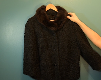 1950 - 1960 Vintage Handmade Woman's Jacket | Black Vintage Winter Coat | Jacket with Fur Collar and Pockets | Vintage MCM | Free Shipping