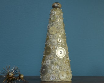 Vintage Button Christmas Tree | Modern Christmas Tree | Celluloid, Mother of Pearl, Glass Buttons | Adorned with Pearl Head Pins| 10" Tall