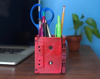 1980's Fluorescent Neon Pink and Orange Retro Cassette Tape Pen Pencil Holder | Office Coworker Gift | Desk Organizer | Pencil Cup| Pen Cup