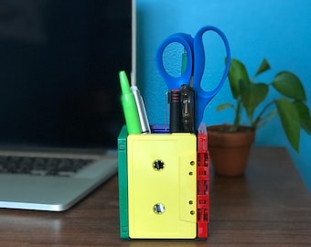 1980's Rubix Cube Inspired Retro Cassette Tape Pen Holder | Coworker Gift | Desk Organizer | Pencil Cup | Pen Cup | Red Blue Green Yellow