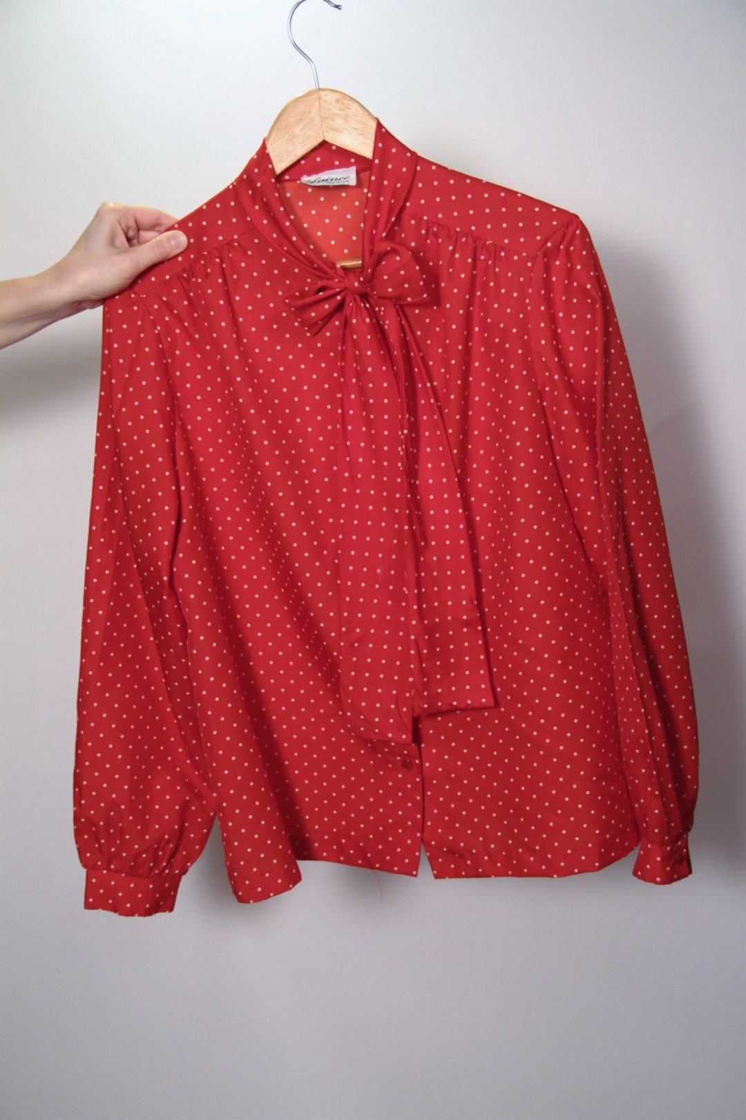 Vintage 70s Red Polka Dot Blouse With Neck Tie 