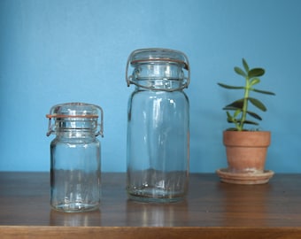 Quart and Pint Vintage Glass Canning Jars | Wire Bails and Rubber Seals | Set of Two | Glass Lids | Clear Glass