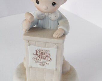 Vintage 1980 Precious Moments, Collectors Club Boy at Podium, "Let us call the club to order", pastel colors, Enesco, Giftware, New Baby