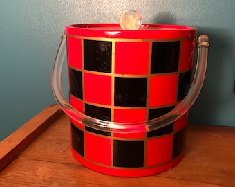 1970's 1980's Red Black & Gold Checkered Ice Bucket | Plastic Vinyl Ice Bucket with Acrylic Lucite Lid and Handle | Vintage Bar Accessories