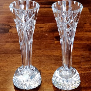 Hand Cut Pair Crystal Bud Vases - Antique Czechoslovakia