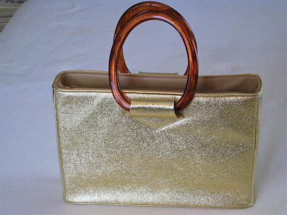 Vintage Gold Lame Ladies Handbag Purse Lucite Hand