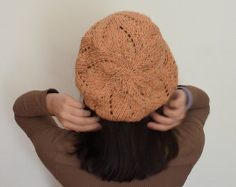 Apricot tweed  hand knitted  slouchy hat,chunky hat, woman neck warmer, lace wool hat, hand knit cowl and hat,best friend gift