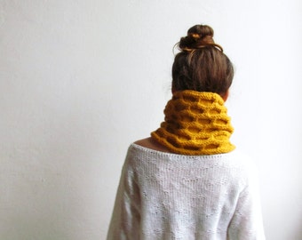 hand knit alpaca scarf,infinity mustard scarves, woman neck warmer, geometric wool cowl, hand knit beehive pattern,best friend gift