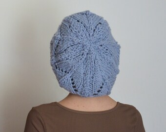 hand knit chunky hat,alpaca chunky beanie,ice blue woman winter hat, lace wool tammie, hand knit hat,best friend gift