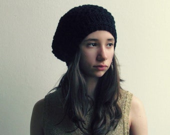 Cashmerino hand knitted slouchy hat, black chunky hat, woman slouchy hat, lace wool hat, hand knit hat,best friend gift