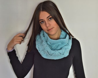 Aqua blue hand knitted  wool scarf,infinity scarves, woman neck warmer, lace wool cowl, hand knit shawl,best friend gift