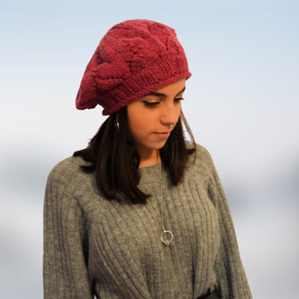 Chapeau ample d’hiver, chapeau d’hiver, chapeau tricoté pour dames, bonnet en tricot de dentelle, chapeau en tricot framboise, chapeau ample pour dames