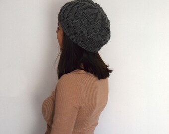 Cashmerino hand knitted slouchy hat,pewter gray chunky hat, woman slouchy hat, lace wool hat, hand knit cowl and hat,best friend gift