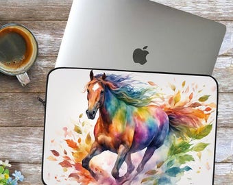 Funda para portátil con diseño de caballo en acuarela: interior de forro polar de poliéster