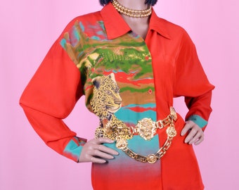 90s Vintage Leopard Print Red Blouse Tropical Print Shirt L/XL