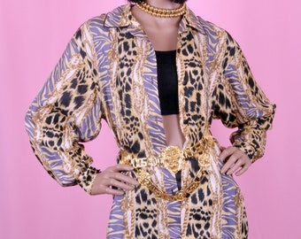 90s Vintage Leopard Print Blouse 100% Silk S/M