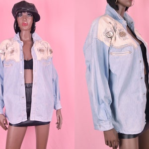Jaren &#39;90 Vintage Denim Shirt Light Denim Shirt Western Blue Denim Shirt Denim Top Distressed Denim Katoen UNISEX Shirt Long Sleeve 90s Top LARGE
