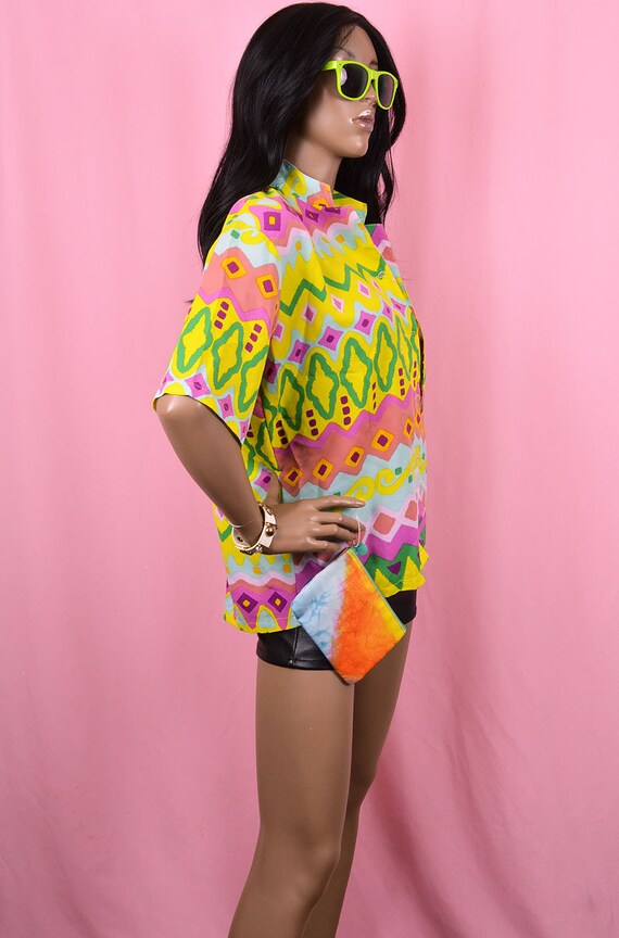 Colorful Button Up Shirt Summer Top Bright Yellow… - image 3