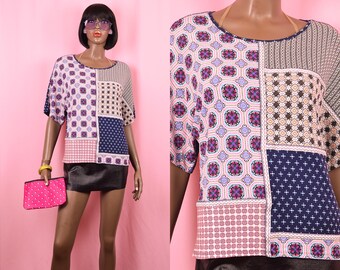 Colorful 90s Top Patchwork Top Hot Pink Top Navy Blue Top Casual Top Summer Top Abstract Cute Top 90s Blouse Gift for Her 1990s Shirt MEDIUM
