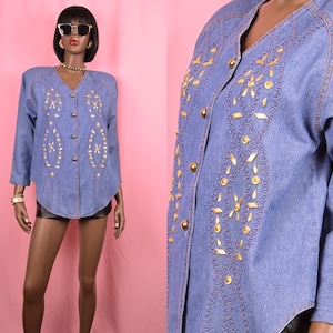 Top in denim anni &#39;90 Camicetta in denim blu VINTAGE Camicia in denim blu anni &#39;90 Top anni &#39;90 Camicetta western anni &#39;90 Top country western Regalo unico per lei MEDIO