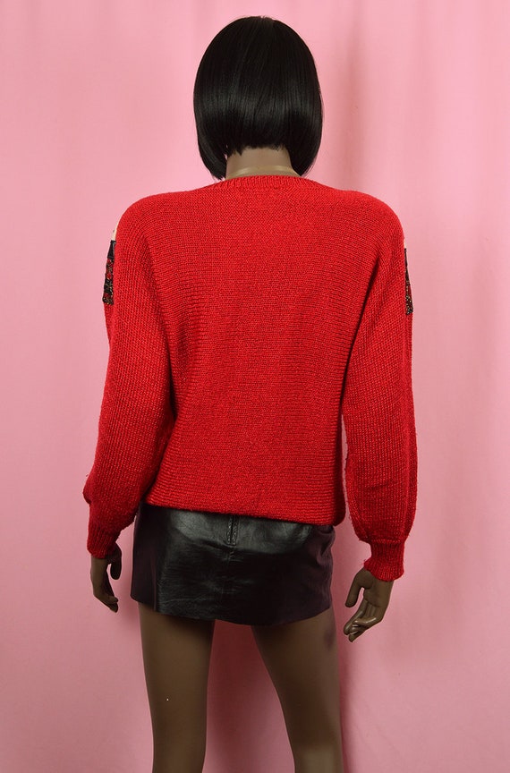 Red Sweater with Black Lace 1990's VINTAGE Red Dr… - image 4