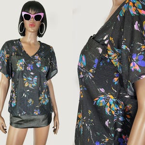 Vintage 90&#39;s Colorful Floral Print Top | Iridescent Top | Colorful Dressy Top | 90&#39;s Dressy Blouse | Black V-Neck Blouse | Gift | SMALL
