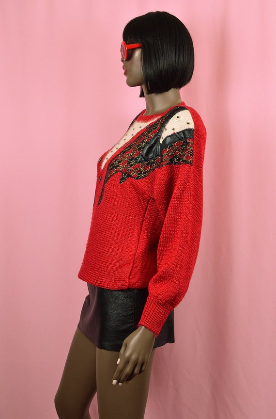 Red Sweater with Black Lace 1990's VINTAGE Red Dr… - image 3
