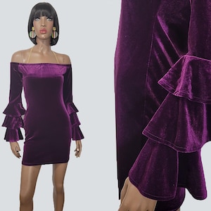 90&#39;s VINTAGE Plum Purple Velvet Dress | Sexy Off the Shoulder Dress | Clubwear Dress | Vintage 90s Dress | Velvet Dress | 90s Dress | MEDIUM