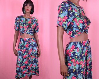 Vintage 90s Two Piece Set Skirt Set Floral Print Skirt Ladies Knee Length Skirt with Matching Top Flower Print Top Cute Outfit SMALL