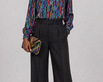 Vintage 90s Rainbow Stripe Blouse | Colorful Turtleneck Retro Top | MEDIUM