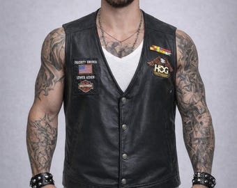 Gilet Motard Cuir Noir Barney's, Taille M, Avec Patches, Pour Homme, Occasion