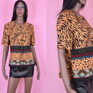 90s Vintage Tiger Print Blouse Short Sleeve Shirt Animal Print Top Button Up Shirt Dressy Top Exotic Print Blouse African Print Blouse LARGE
